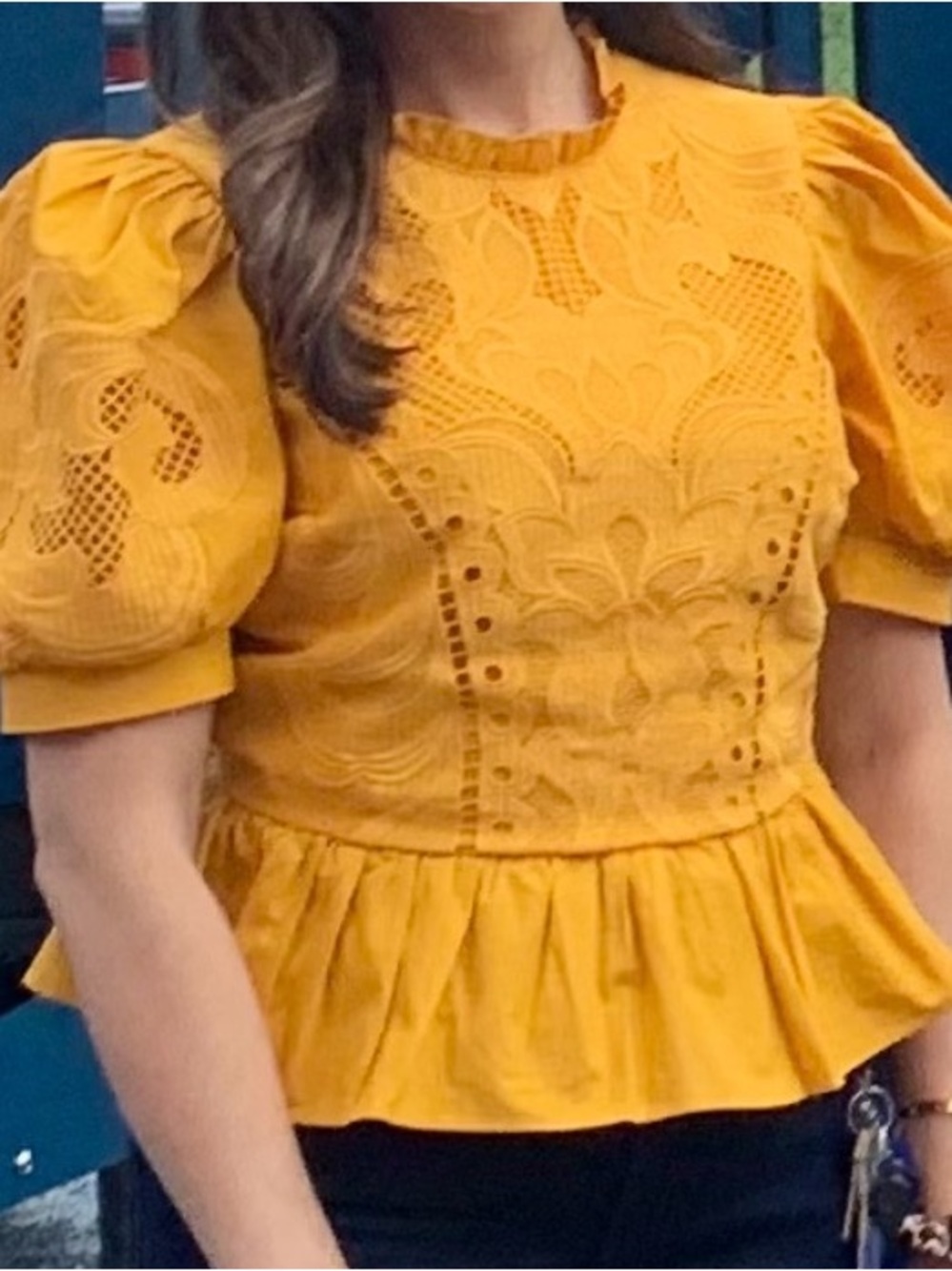 Express Mustard Yellow Eyelet Peplum Puff-Sleeve Top